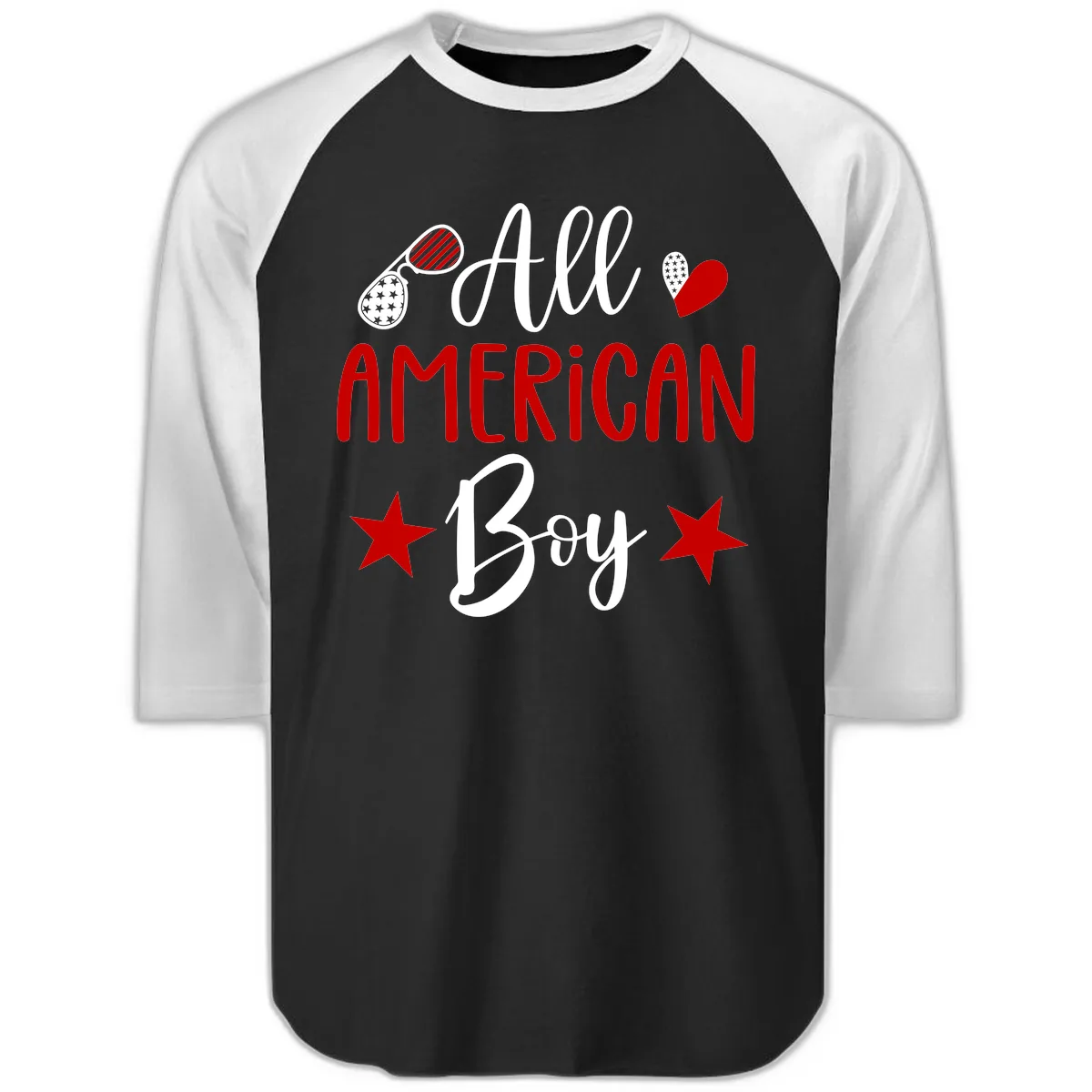 All American Boy Patriotic Fourth Of July Raglan 3/4 in Black White