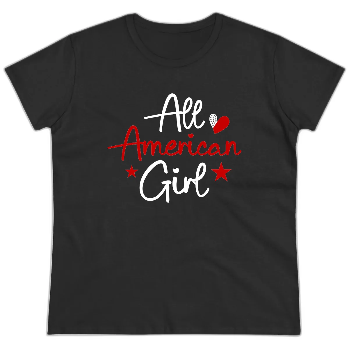 All American Girl Patriotic Heart Stars Ladies Tee in Black