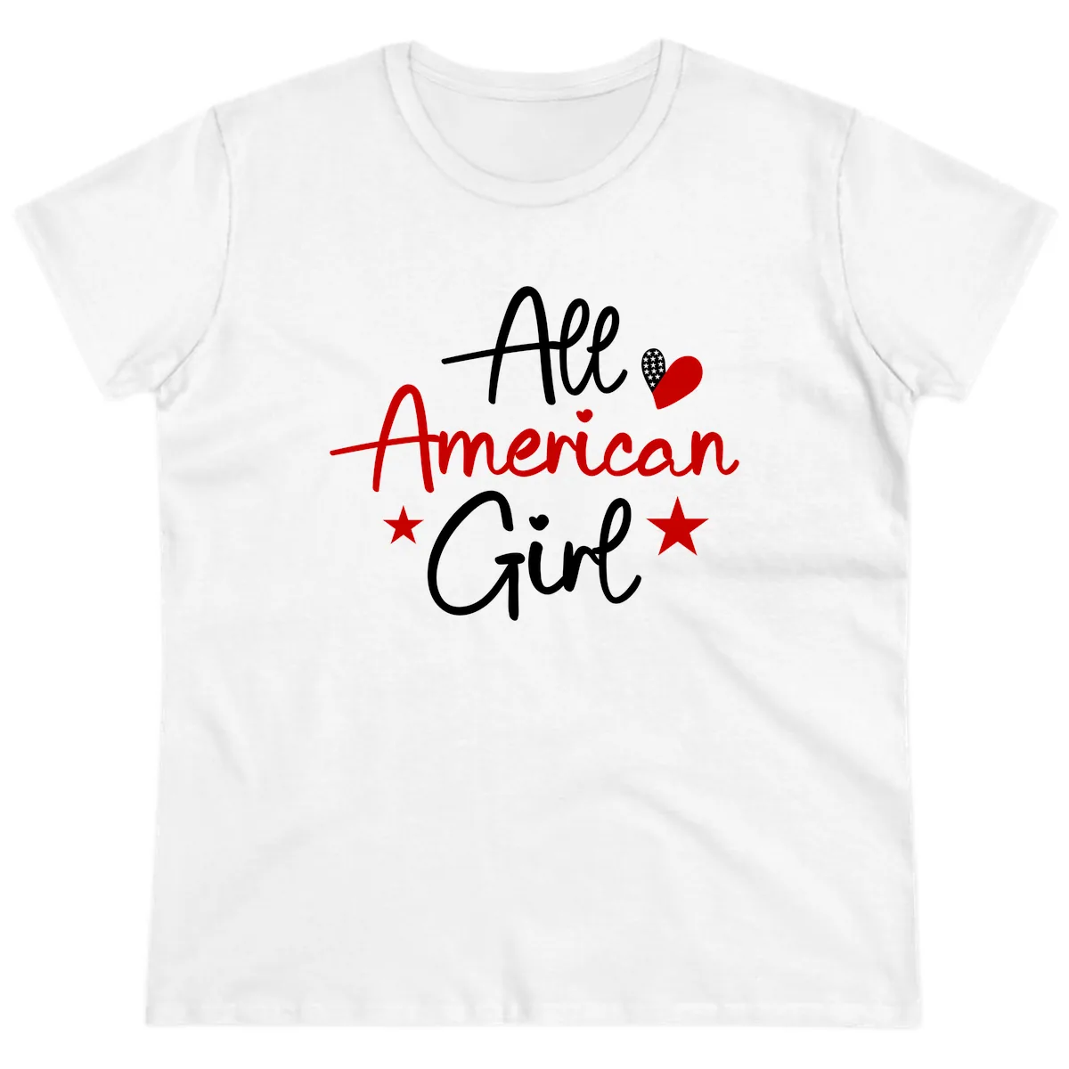 All American Girl Patriotic Heart Stars Ladies Tee in White