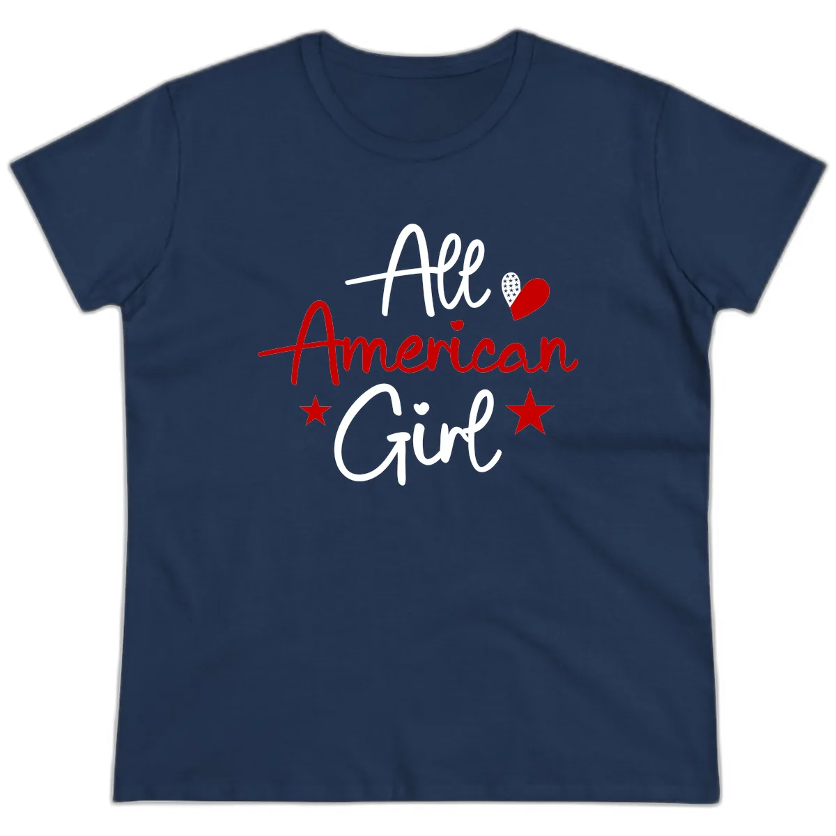 All American Girl Patriotic Heart Stars Ladies Tee in Navy