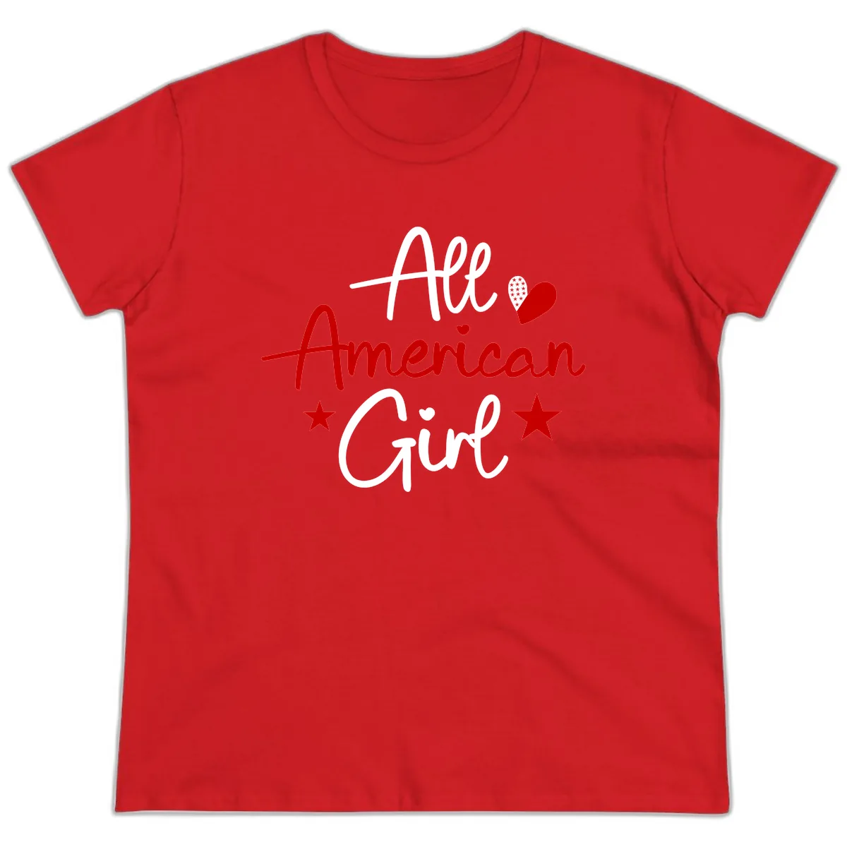 All American Girl Patriotic Heart Stars Ladies Tee in Red