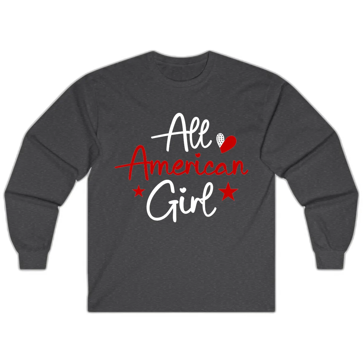 All American Girl Patriotic Heart Stars Long Sleeve in Dark Heather