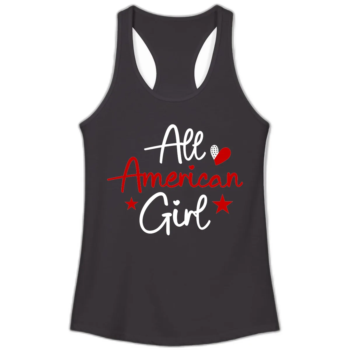 All American Girl Patriotic Heart Stars Ladies Tank in Black
