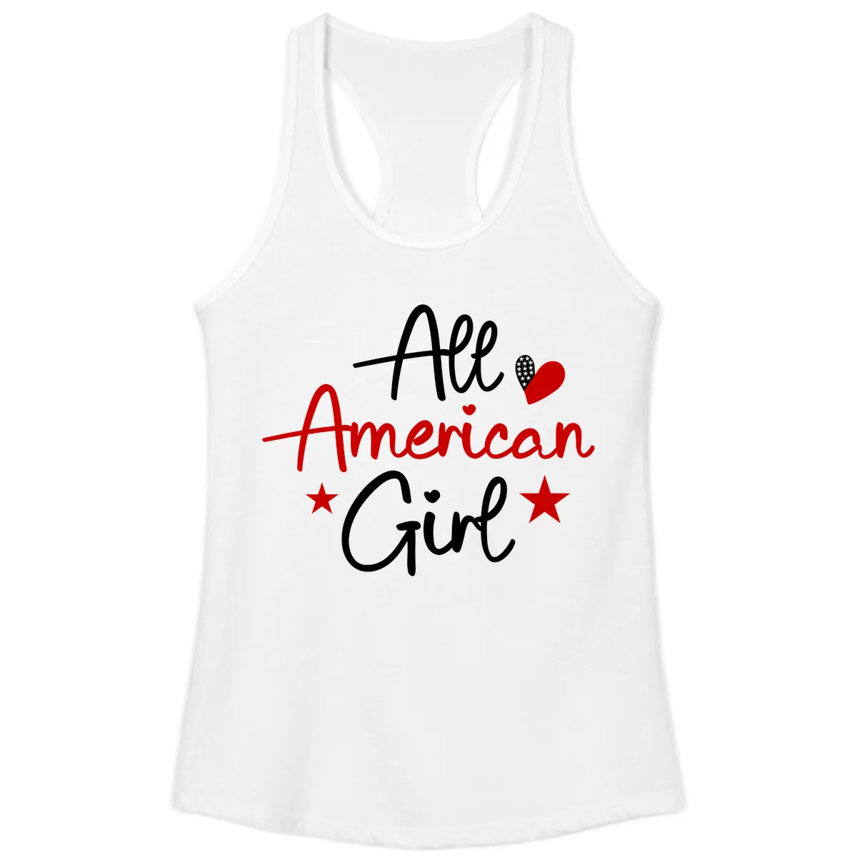 All American Girl Patriotic Heart Stars Ladies Tank in White