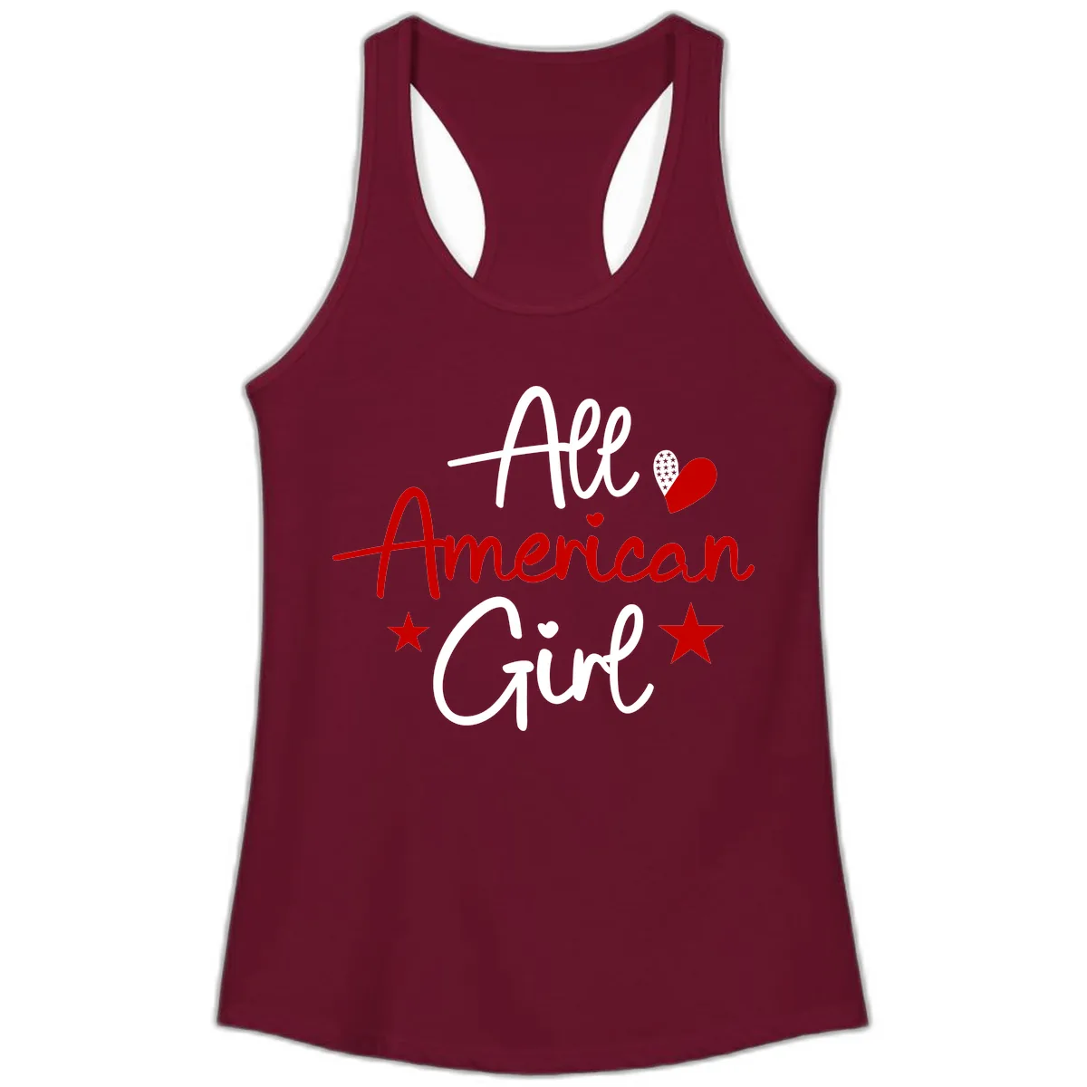 All American Girl Patriotic Heart Stars Ladies Tank in Solid Cardinal Red