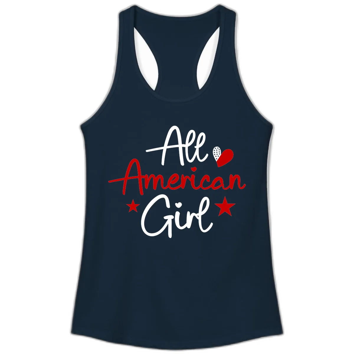 All American Girl Patriotic Heart Stars Ladies Tank in Solid Midnight Navy