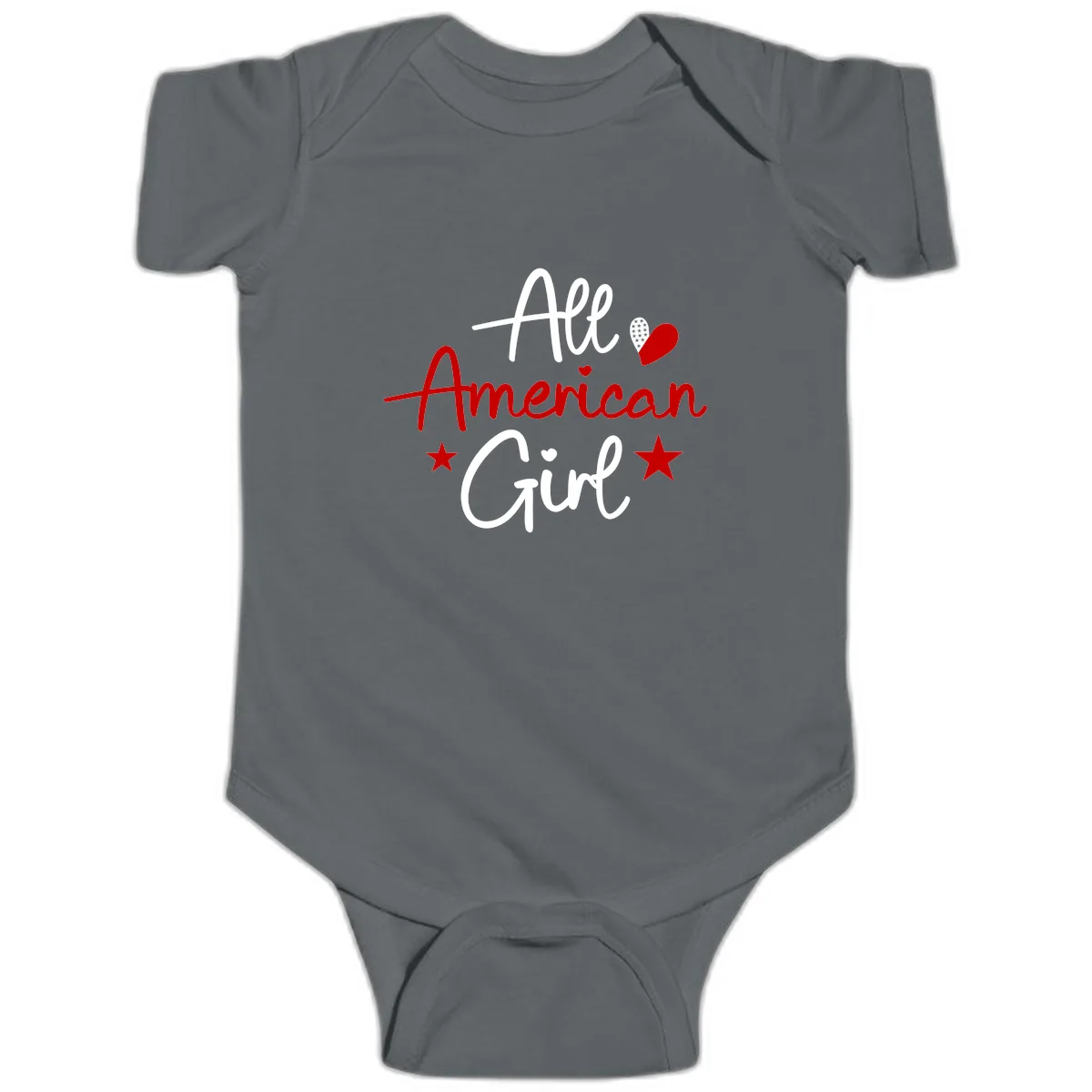 All American Girl Patriotic Heart Stars Baby Onesie in Charcoal