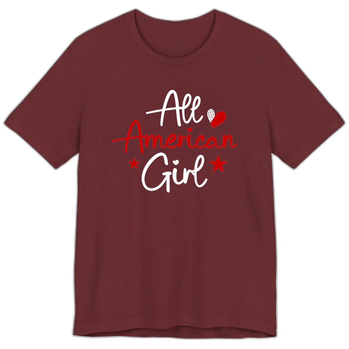 All American Girl Patriotic Heart Stars Premium T-Shirt in Heather Cardinal