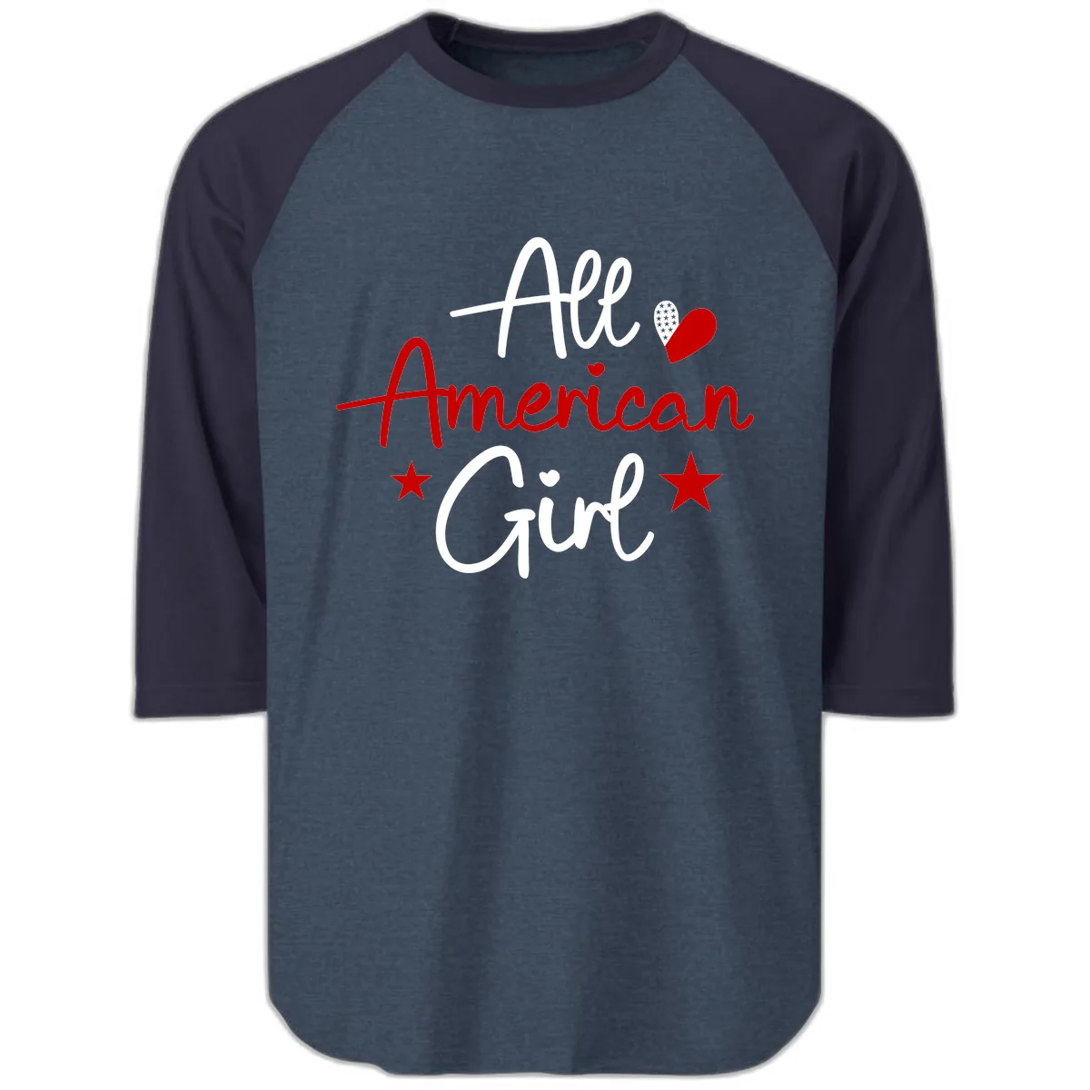 All American Girl Patriotic Heart Stars Raglan 3/4 in Heather Denim Navy