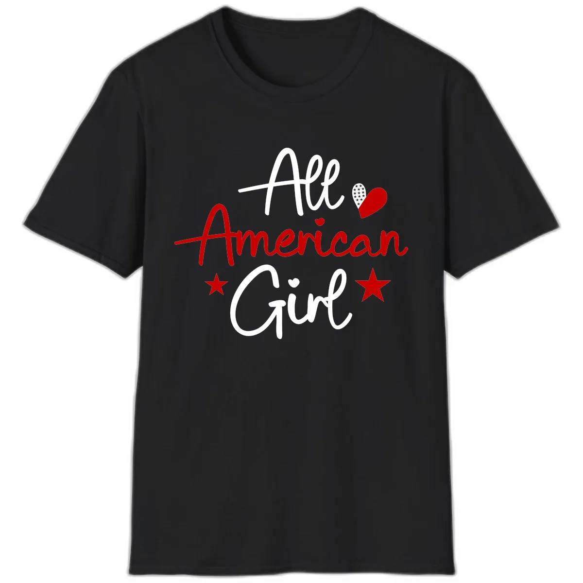 All American Girl Patriotic Heart Stars T-Shirt in Black