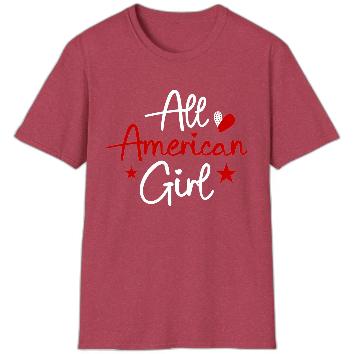 All American Girl Patriotic Heart Stars T-Shirt in Heather Cardinal