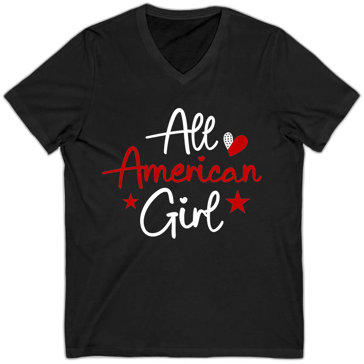 All American Girl Patriotic Heart Stars V-Neck in Black
