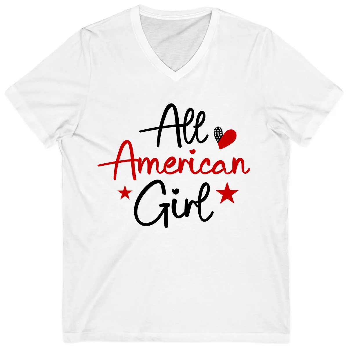 All American Girl Patriotic Heart Stars V-Neck in White