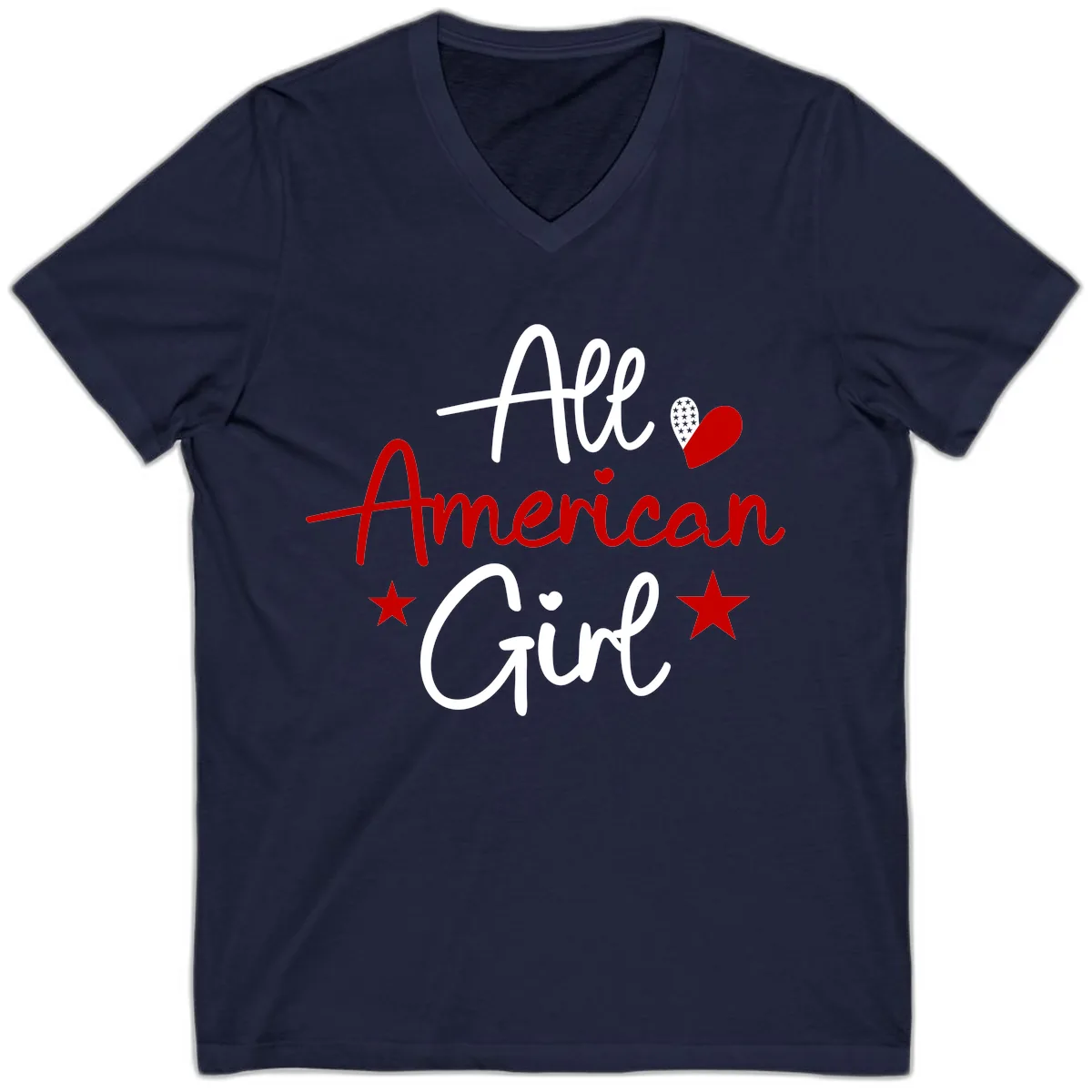 All American Girl Patriotic Heart Stars V-Neck in Navy