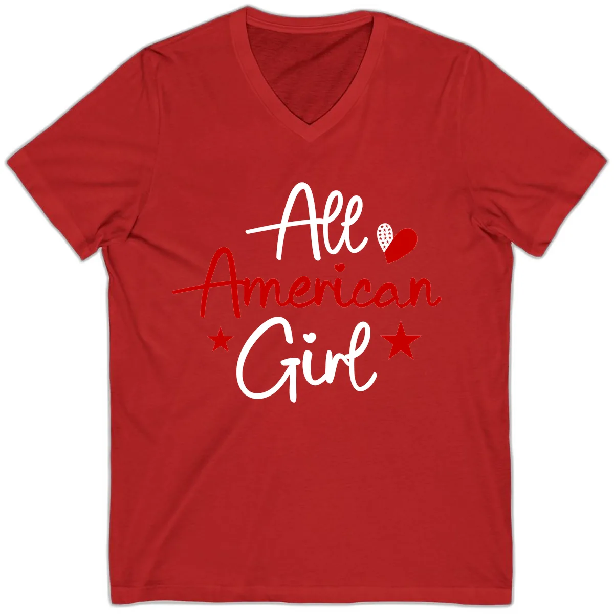 All American Girl Patriotic Heart Stars V-Neck in Red