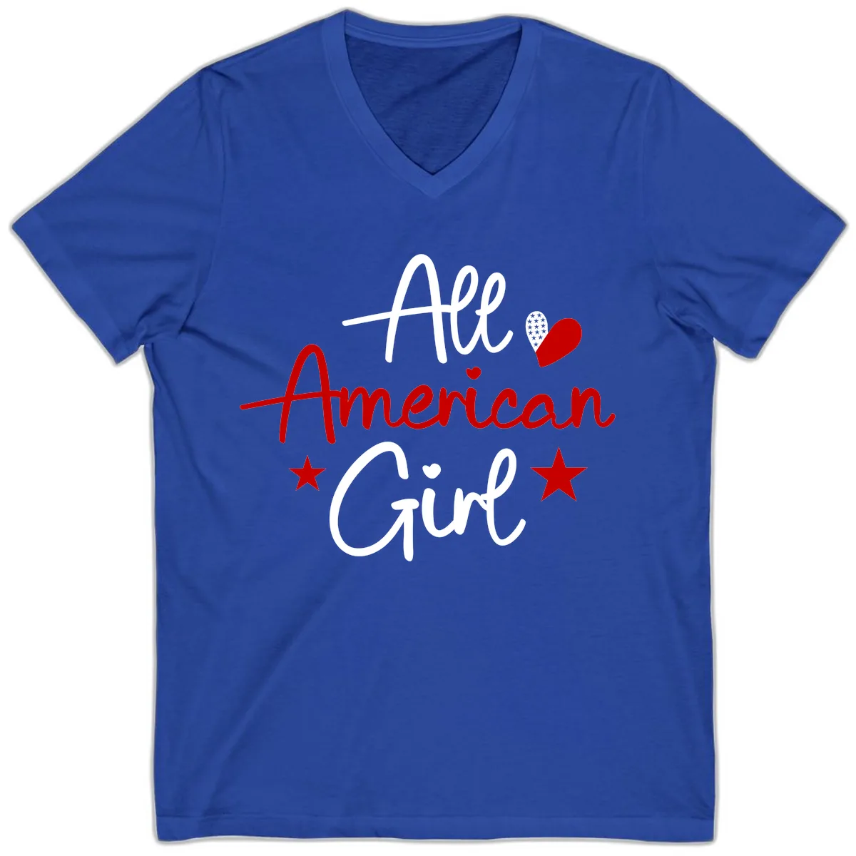 All American Girl Patriotic Heart Stars V-Neck in True Royal