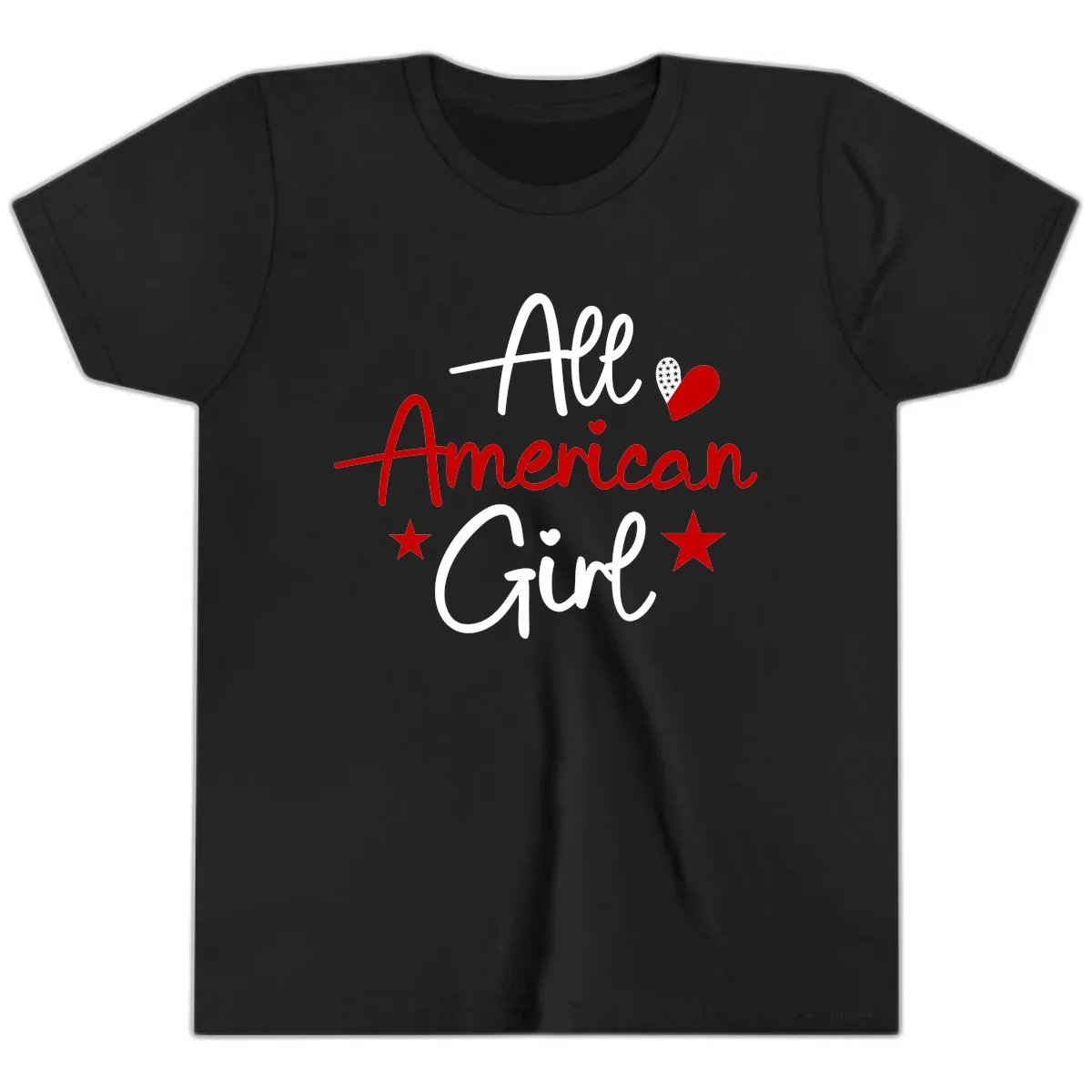 All American Girl Patriotic Heart Stars Youth T-Shirt in Black