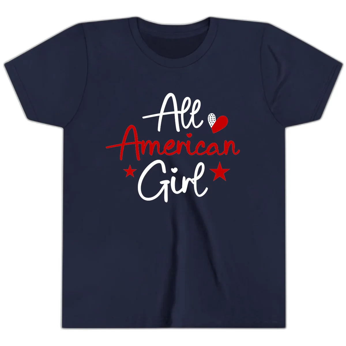 All American Girl Patriotic Heart Stars Youth T-Shirt in Navy