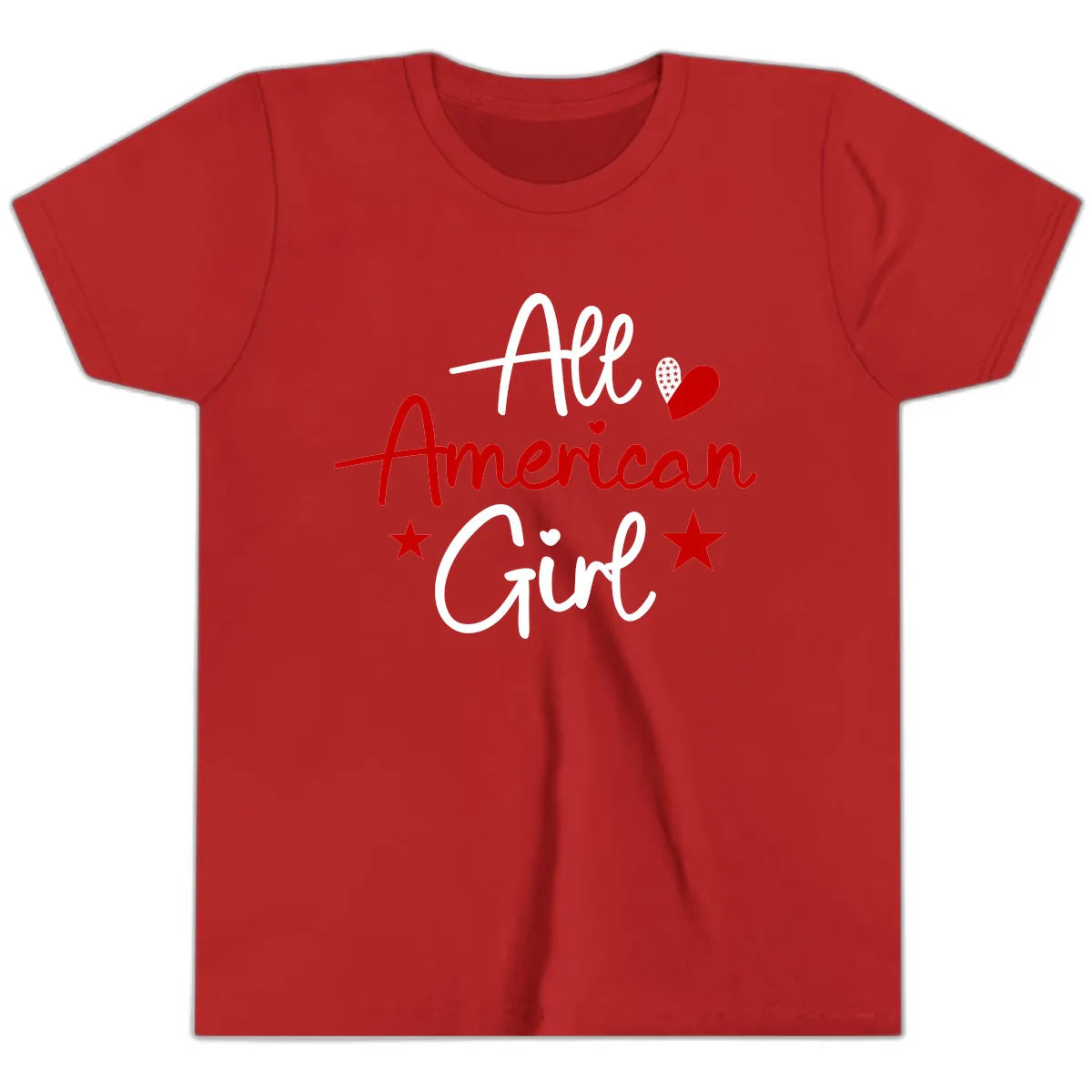 All American Girl Patriotic Heart Stars Youth T-Shirt in Red