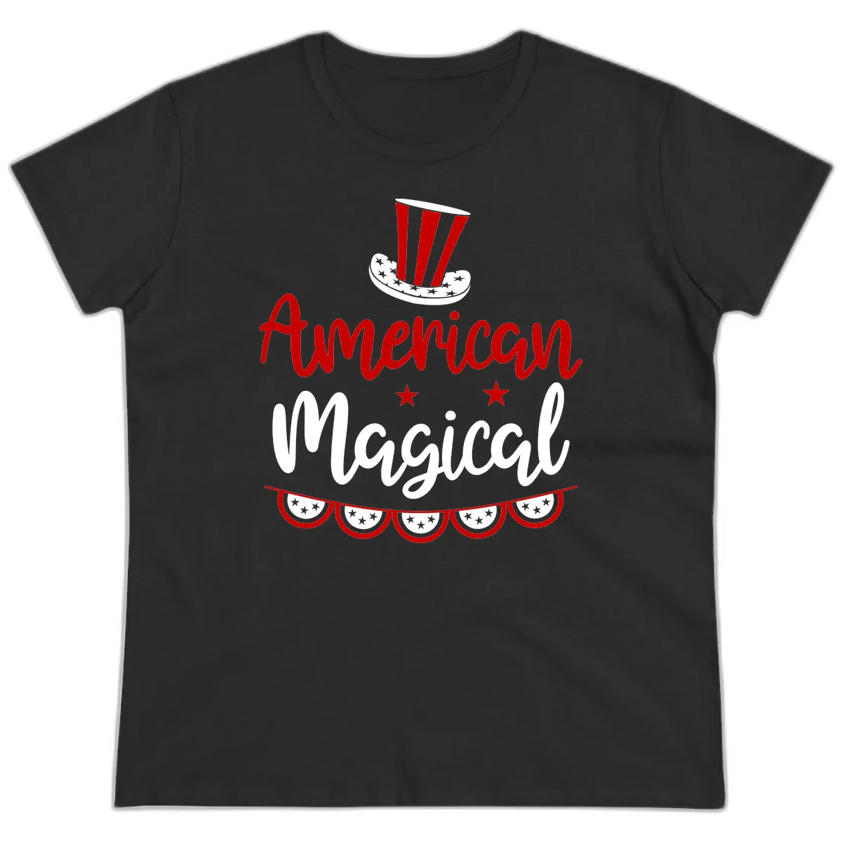 American Magical Patriotic Hat Bunting Ladies Tee in Black