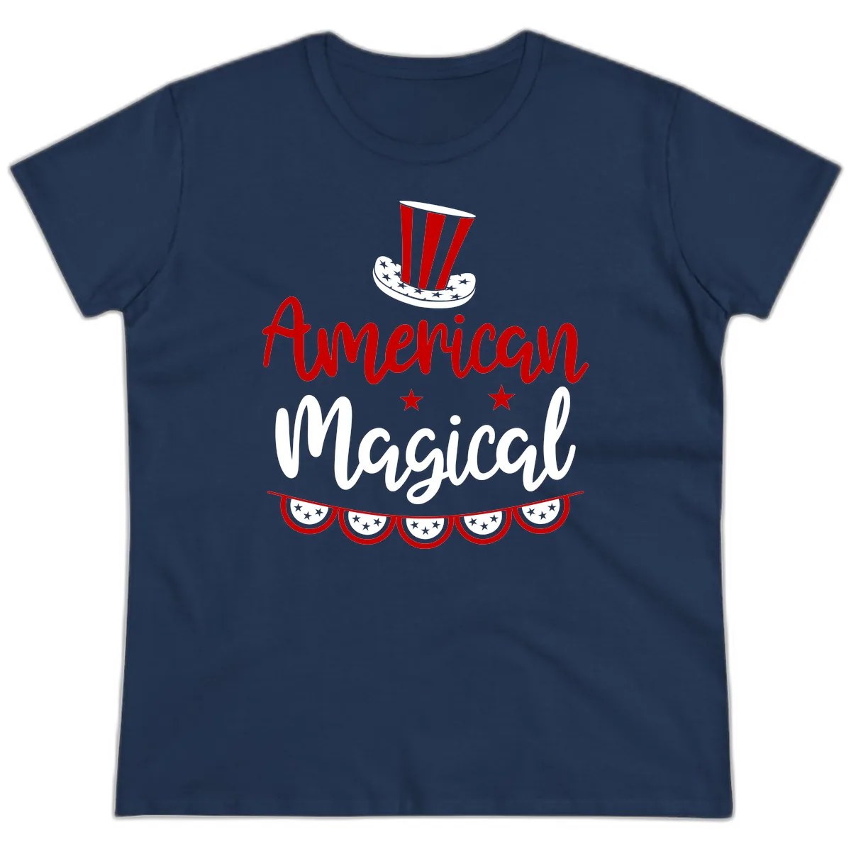 American Magical Patriotic Hat Bunting Ladies Tee in Navy