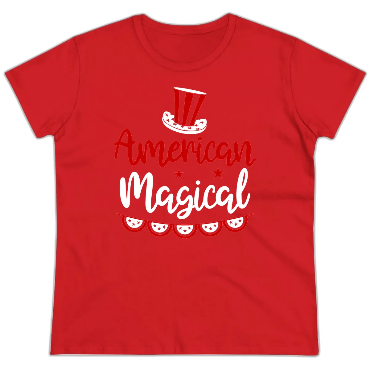 American Magical Patriotic Hat Bunting Ladies Tee in Red