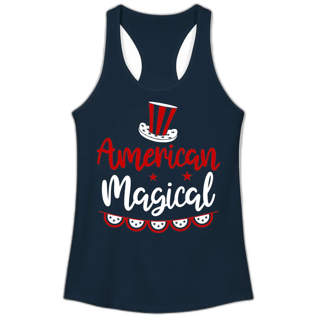 American Magical Patriotic Hat Bunting Ladies Tank in Solid Midnight Navy