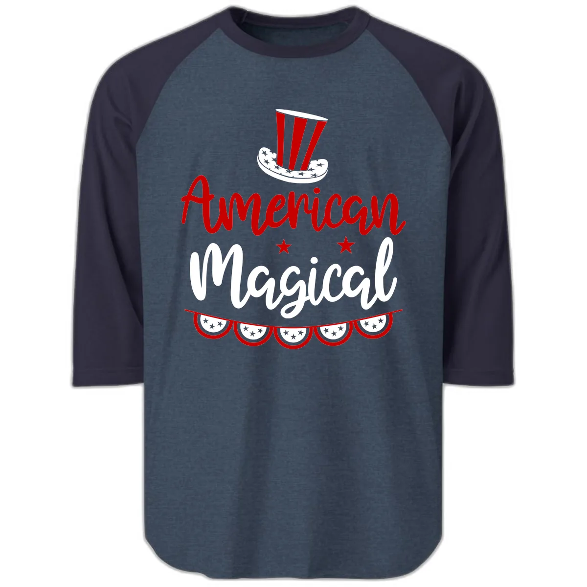 American Magical Patriotic Hat Bunting Raglan 3/4 in Heather Denim Navy