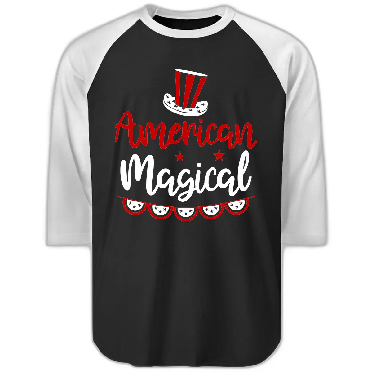 American Magical Patriotic Hat Bunting Raglan 3/4 in Black White