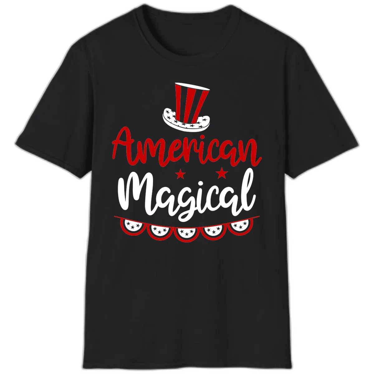 American Magical Patriotic Hat Bunting T-Shirt in Black