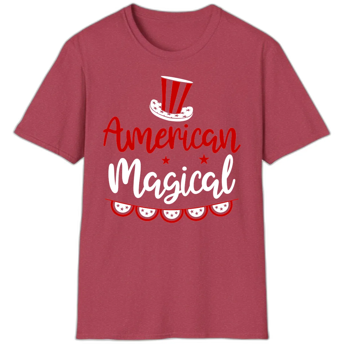 American Magical Patriotic Hat Bunting T-Shirt in Heather Cardinal