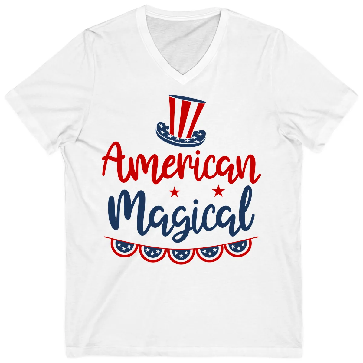 American Magical Patriotic Hat Bunting V-Neck in White