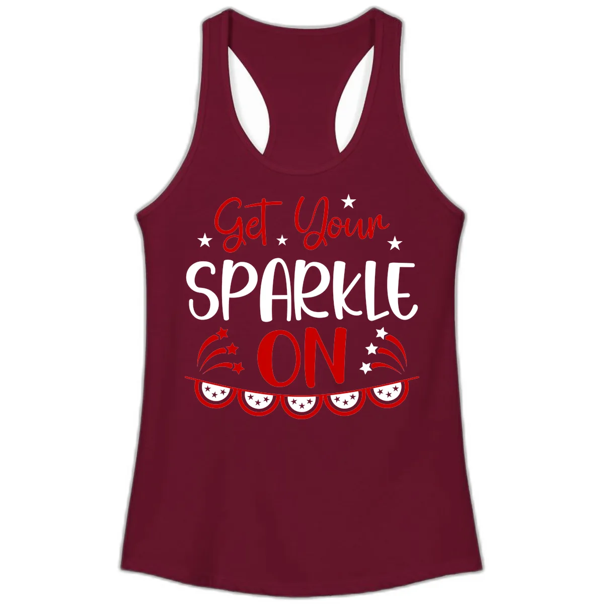Get Your Sparkle On Patriotic Design Ladies Tank in Solid Cardinal Red