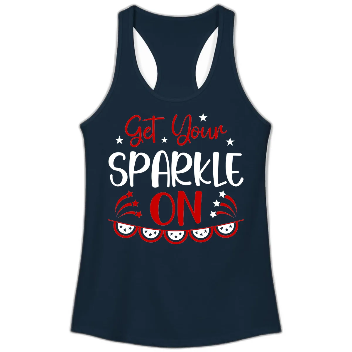 Get Your Sparkle On Patriotic Design Ladies Tank in Solid Midnight Navy