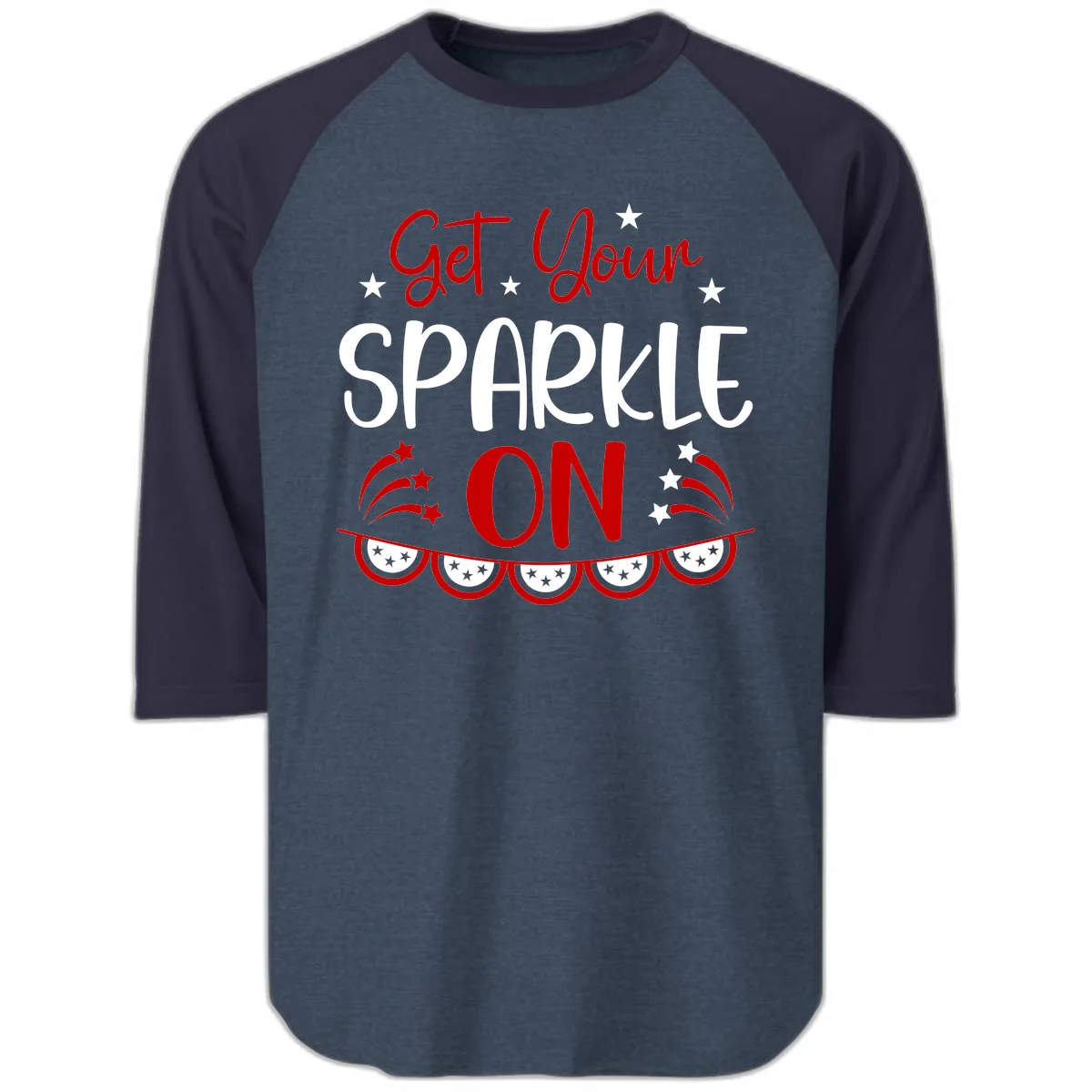 Get Your Sparkle On Patriotic Design Raglan 3/4 in Heather Denim Navy
