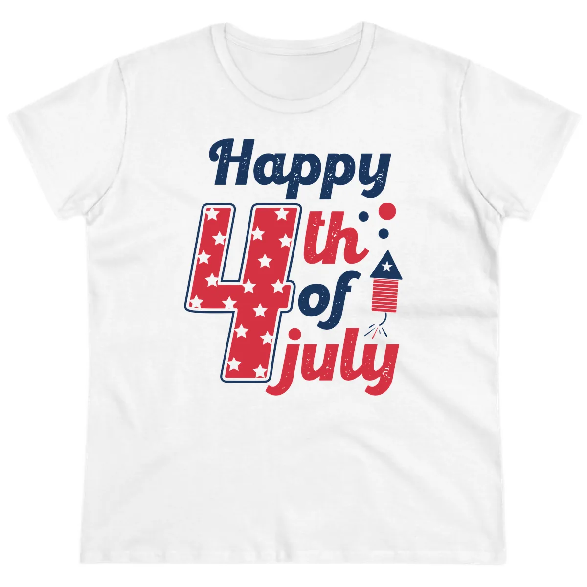 Happy Fourth of July Firecracker Stars Ladies Tee in White