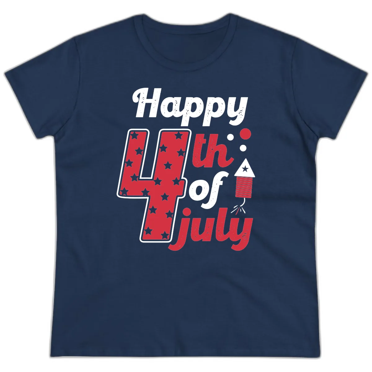 Happy Fourth of July Firecracker Stars Ladies Tee in Navy