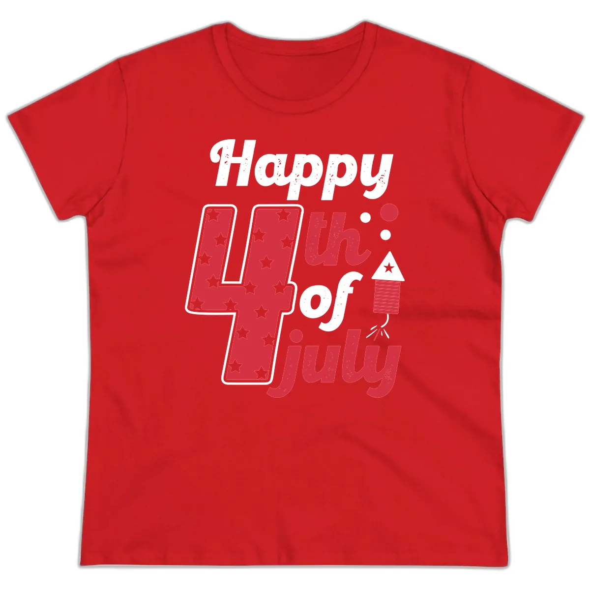 Happy Fourth of July Firecracker Stars Ladies Tee in Red