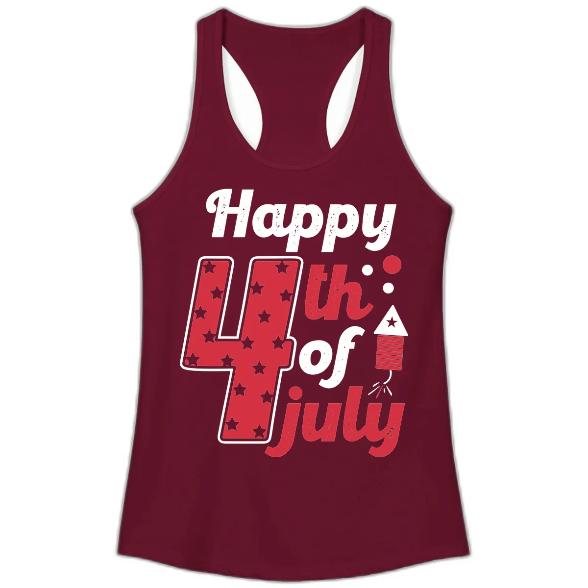 Happy Fourth of July Firecracker Stars Ladies Tank in Solid Cardinal Red
