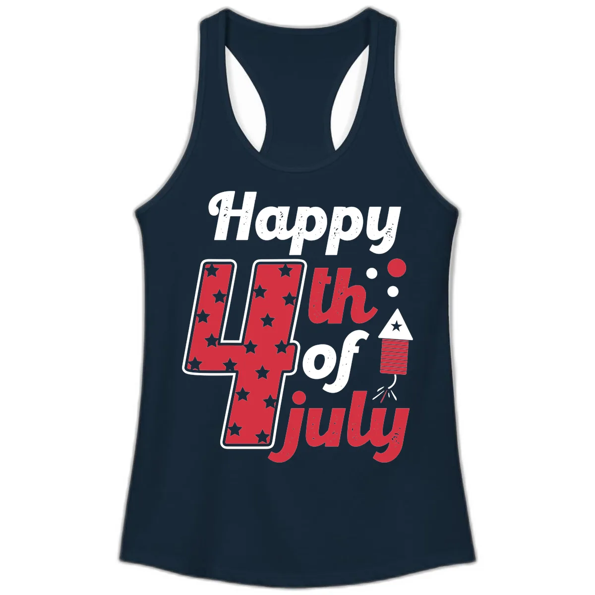 Happy Fourth of July Firecracker Stars Ladies Tank in Solid Midnight Navy