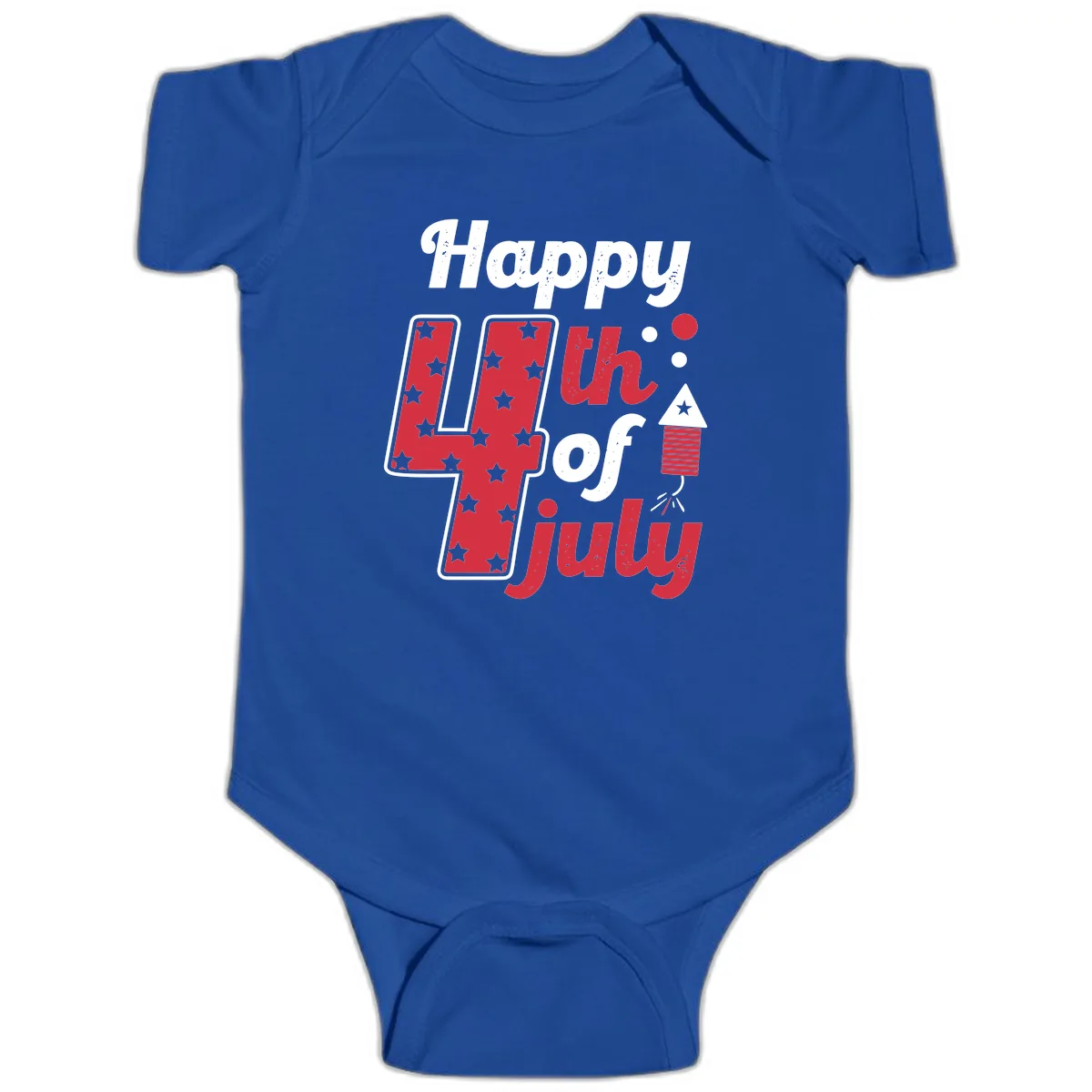 Happy Fourth of July Firecracker Stars Baby Onesie in Royal