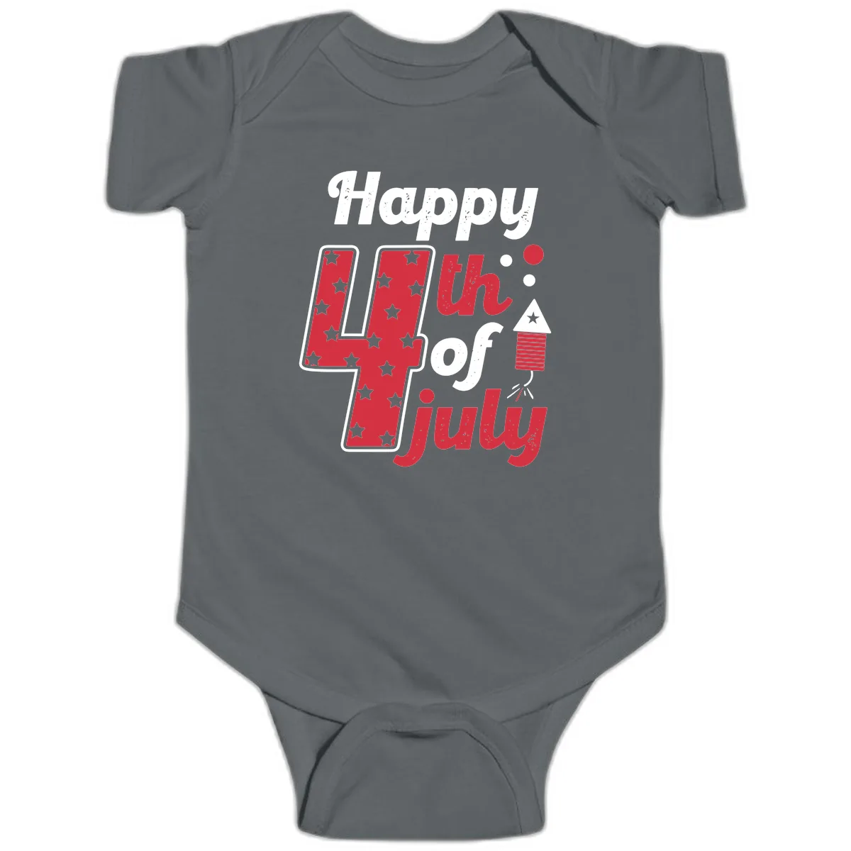 Happy Fourth of July Firecracker Stars Baby Onesie in Charcoal
