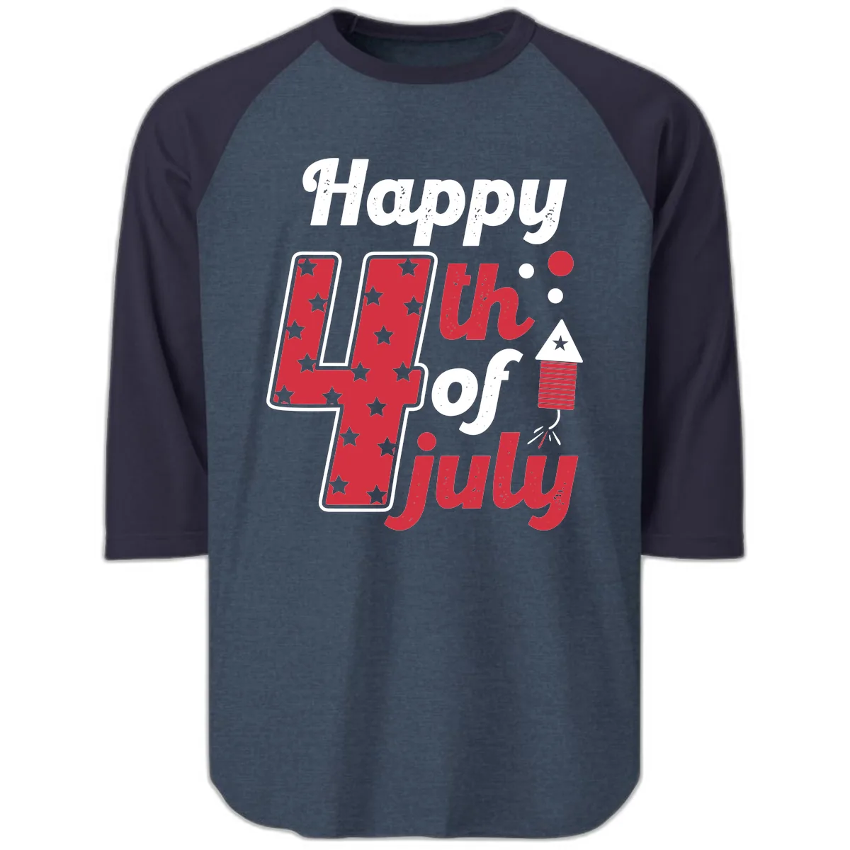 Happy Fourth of July Firecracker Stars Raglan 3/4 in Heather Denim Navy