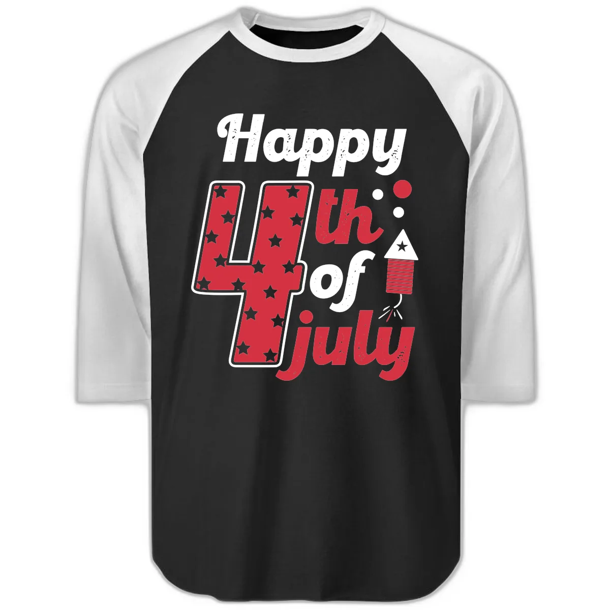 Happy Fourth of July Firecracker Stars Raglan 3/4 in Black White