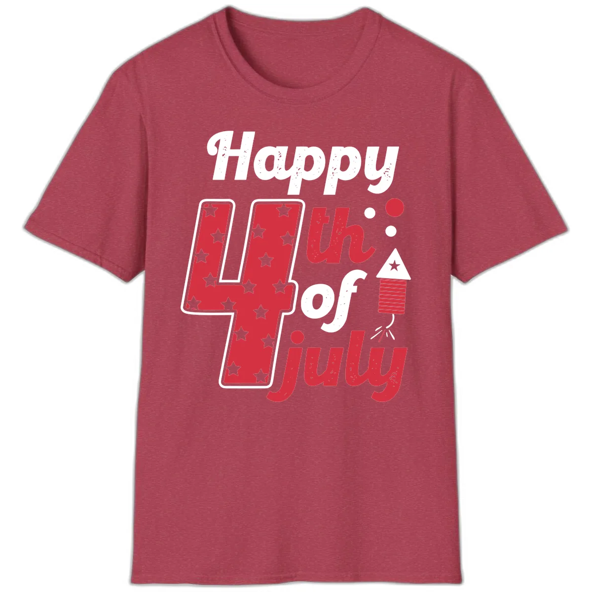 Happy Fourth of July Firecracker Stars T-Shirt in Heather Cardinal