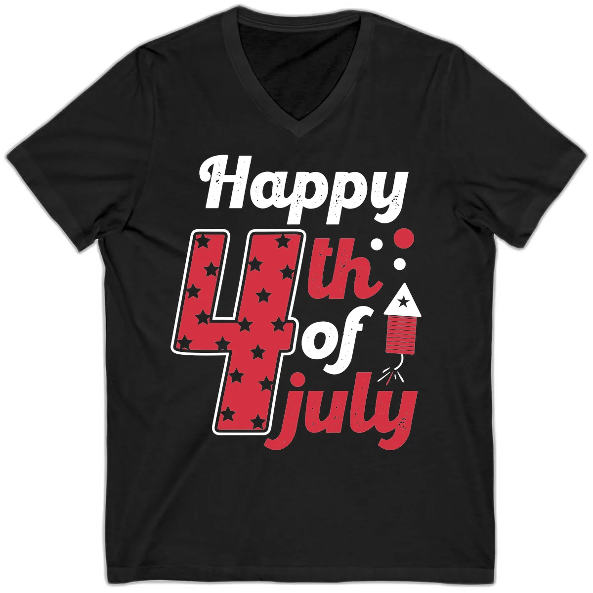 Happy Fourth of July Firecracker Stars V-Neck in Black