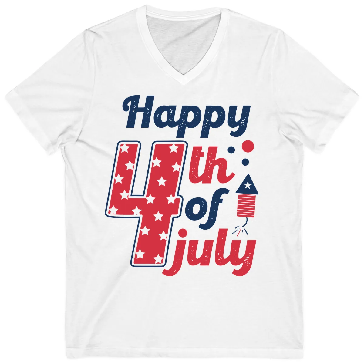 Happy Fourth of July Firecracker Stars V-Neck in White