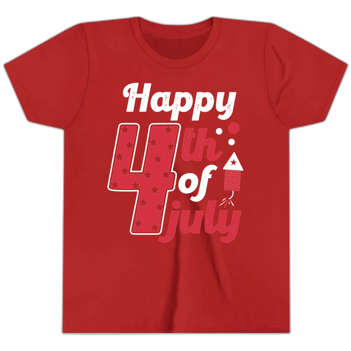 Happy Fourth of July Firecracker Stars Youth T-Shirt in Red