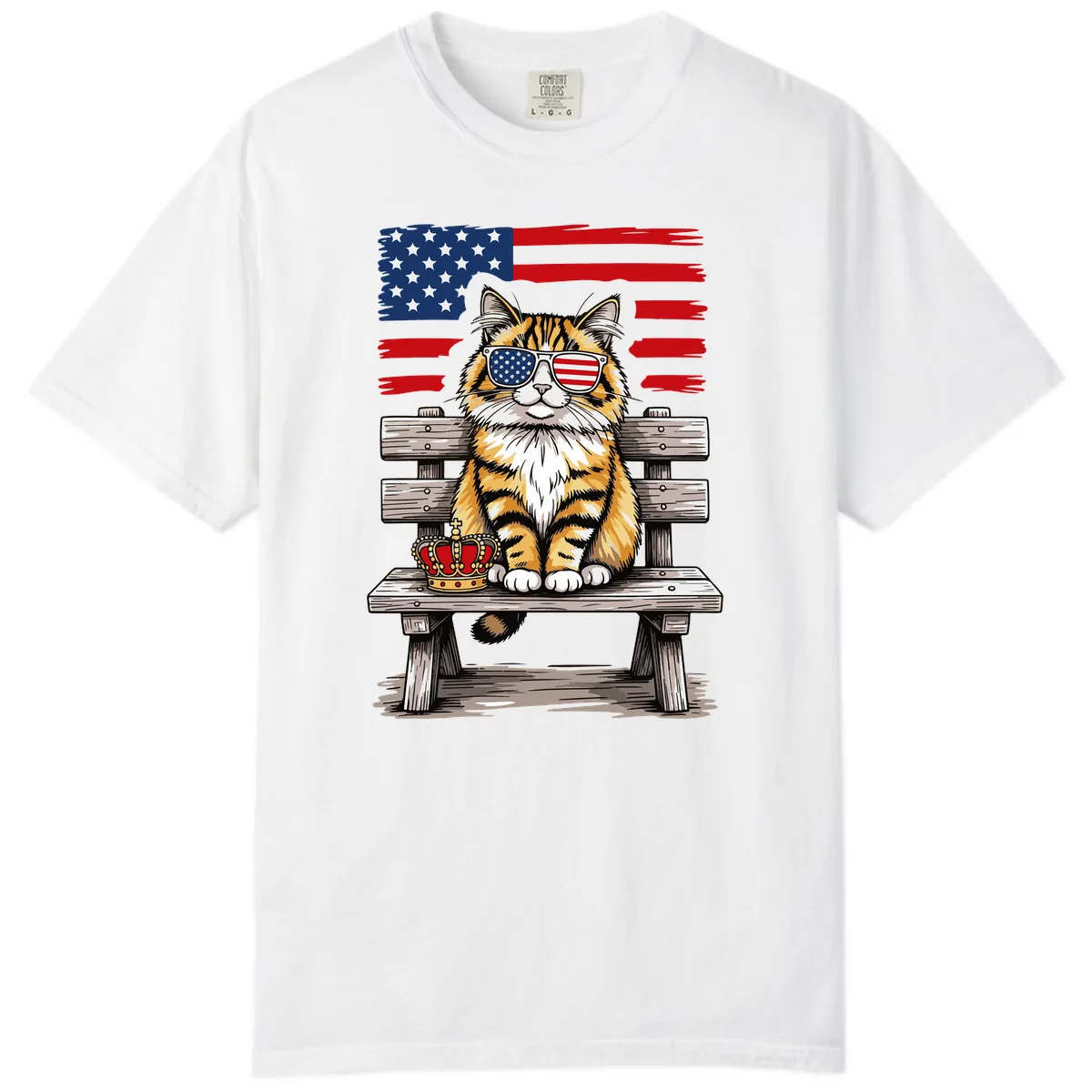 Patriotic Tabby Cat with Crown and American Flag Comfort Color in White