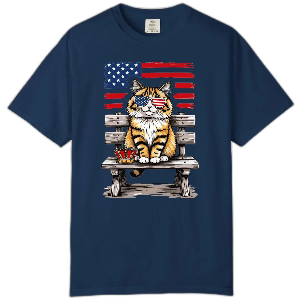 Patriotic Tabby Cat with Crown and American Flag Comfort Color in Navy